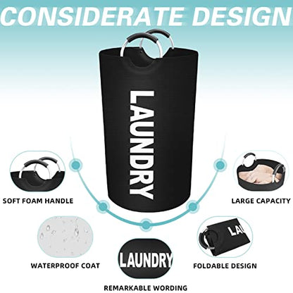 90L Large Laundry Basket, Dirty Clothes Waterproof Laundry Hamper, Black | Collapsible Laundry Basket with Foam Protected Aluminum Handles for Laundry Dorm Family, Black Dirty Clothes Hamper