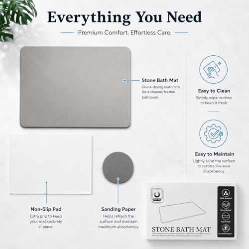 Stone Bath Mat Quick Dry, Diatomaceous Earth Bath Mat Non Slip Absorbent Floor Mat, Diatomite Stone Drying Mat for Bathroom Comes with Non-slip Pad and Sandpaper (Off-White, 24" x 15.5" x 0.4")