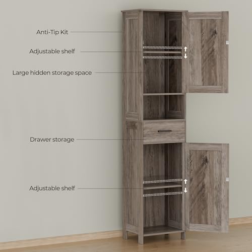 Homhedy 67" H Tall Bathroom Storage Cabinet with Barn Doors and Drawer | Narrow Storage Unit with Adjustable Shelves, Floor Cabinet for Bathroom, Living Room, Entryway or Kitchen, Greige, 15.7" W