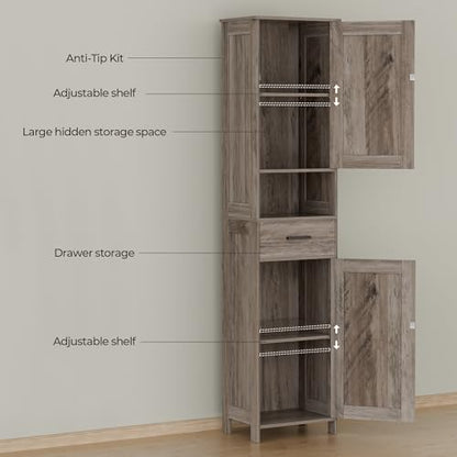 Homhedy 67" H Tall Bathroom Storage Cabinet with Barn Doors and Drawer | Narrow Storage Unit with Adjustable Shelves, Floor Cabinet for Bathroom, Living Room, Entryway or Kitchen, Greige, 15.7" W