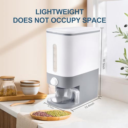 22.5-25 Lbs Gray Rice Dispenser, Rice Container with Lid, Rice Storage Container with Measuring Cup, Food Dispenser Rice Container, Storage Container for Cereal, Household Rice Bucket