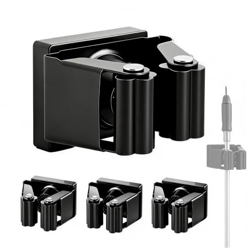 Magnetic Broom and Mop Holder Wall Mount, Black 4 Pack | Space-Saving magnetic broom holder, heavy duty magnet hooks, no-drill over the door broom gripper,RV Camper Wall Organizer