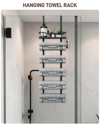 Aetyord Hanging Towel Racks for Bathroom No Drill - 6-Tier Over The Door Bath Towel Storage Organizer for Small Bathrooms - Tiered Back of Door Towel Holder Hanger for Rolled Towels RV Camper Black