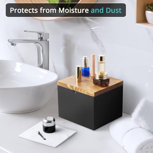 Disposable Face Towel Holder, Wooden Face Towel Container Compatible with Clean Towels XL, Face Towels Storage Box with Lid, Makeup Remover Organizer for Vanity, Bathroom, Black