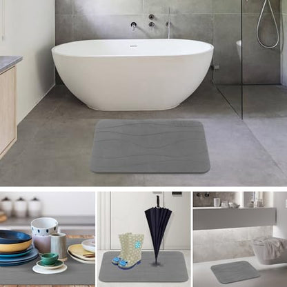 Stone Bath Mat, Set of 3,Diatomaceous Earth Shower Mat, Non-Slip Super Absorbent Quick Drying Bath Mat for Bathroom Floor, Grey
