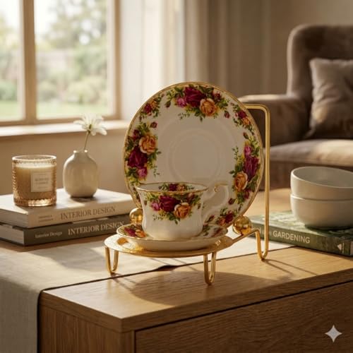 HOHIYA Gold Tea Cup and Saucer Display Stand 6 Cup Holder Rack | Elegant gold tabletop stand displays china cups, saucers, mugs and plates for tea parties, kitchens and coffee bars.