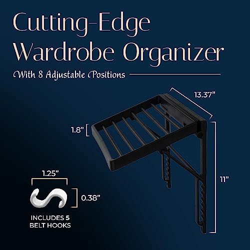 TieMaster Wall Mounted Tie Rack and Scarf Organizer with 5 Belt Hooks | Battery-Free, Holds 60 Ties and Scarves, Easy Installation, Sleek Durable Plastic Design for closet, Gift for Men and Women