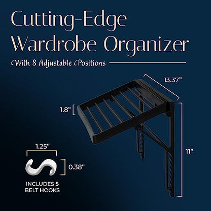 TieMaster Wall Mounted Tie Rack and Scarf Organizer with 5 Belt Hooks | Battery-Free, Holds 60 Ties and Scarves, Easy Installation, Sleek Durable Plastic Design for closet, Gift for Men and Women