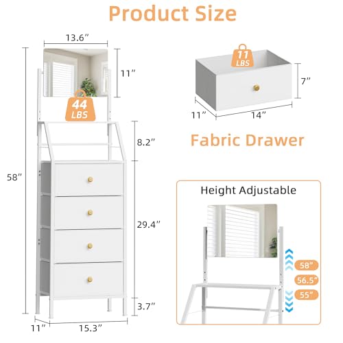 Vanity Dresser with Adjustable Mirror & 4 Drawers, White, 15.3" W | 3-Way Adjustable Mirror, 2-Tier Shelves, Steel Frame, 11-Inch Deep for Bedrooms, Dorms and Small Spaces