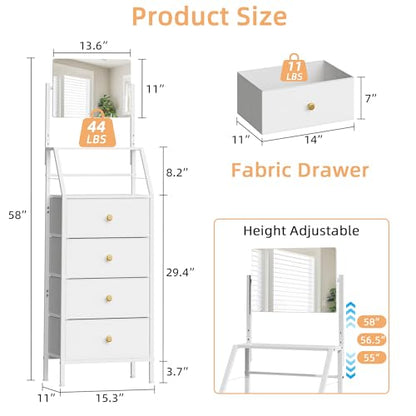 Vanity Dresser with Adjustable Mirror & 4 Drawers, White, 15.3" W | 3-Way Adjustable Mirror, 2-Tier Shelves, Steel Frame, 11-Inch Deep for Bedrooms, Dorms and Small Spaces
