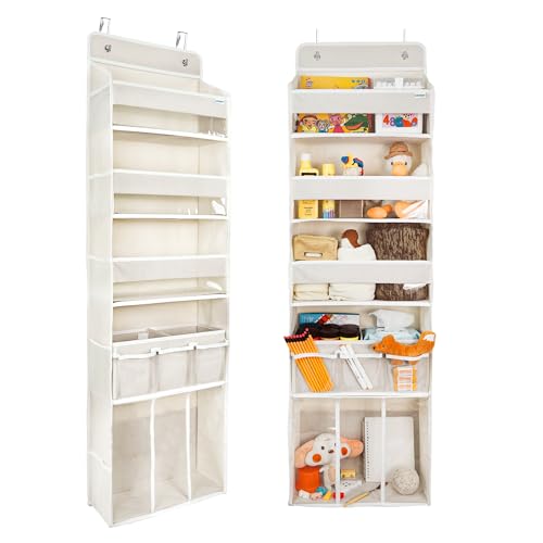 Door Hanging Storage Organizer,with 3 Bins 1 Movable Baby Diaper Caddy,1 Large capacity diaper stacking storage Organizer,10 Side Pockets ,Bedroom Door Storage for Nursery Baby Essentials. (Beige)