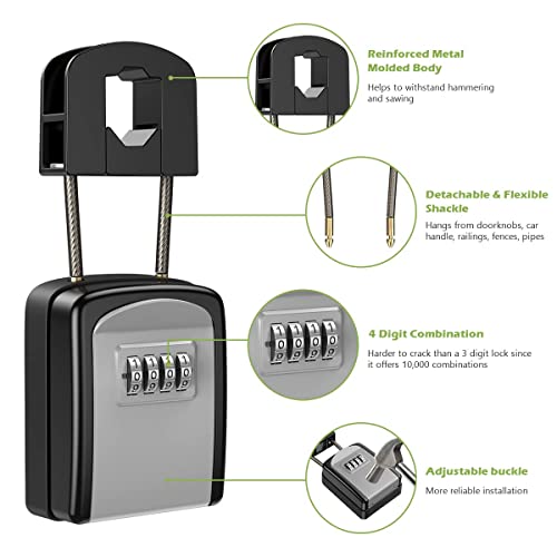 KeeKit Key Lock Box, Upgraded Key Safe Box for Lever Handles with Removable Buckle & Resettable 4-Digit Combination, Waterproof Secure Storage for Home, Office, Indoor & Outdoor Use