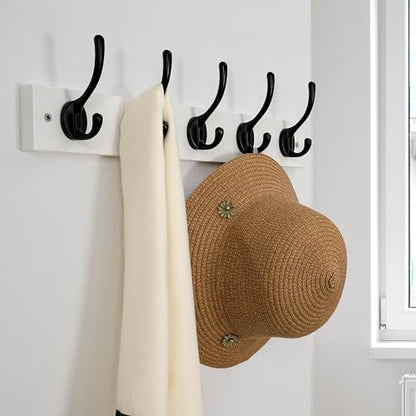 Wall Mounted Coat Rack: 16" Hole to Hole, Coat Hook Hanger with 5 Metal Hooks for Hanging Coats Towels Hats Clothes, White & Black