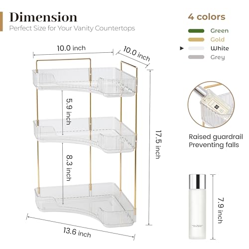 Aveniee Corner Bathroom Counter Organizer, Bathroom Countertop Shelf Makeup Storage, Clear Perfume Tray Holder (3 Tiers, White)