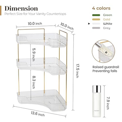 Aveniee Corner Bathroom Counter Organizer, Bathroom Countertop Shelf Makeup Storage, Clear Perfume Tray Holder (3 Tiers, White)