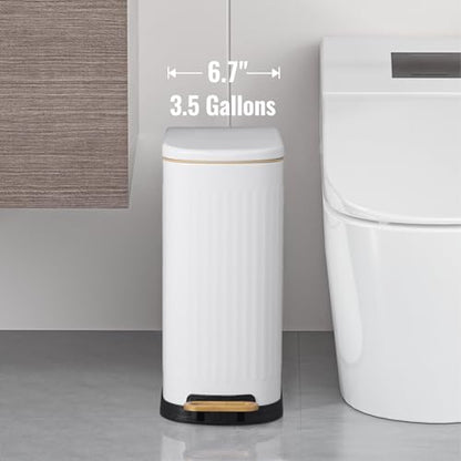 SYNCVIBE Slim Bathroom Trash Can with Soft Close Lid, 3.5 Gal, Matt White | Stainless Steel Garbage Can with Step Pedal, Removable Inner Bucket, Trash Bin for Bedroom, Office, Toilet
