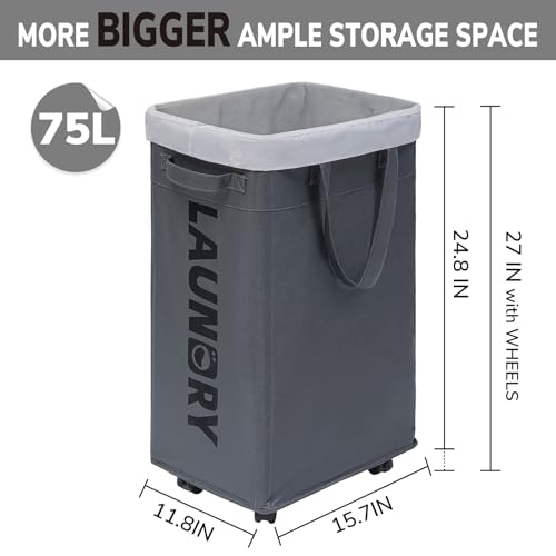 Goodpick 75L Laundry Basket with Wheels & Removable Wash Bag for Dorm | Rolling Laundry Basket with Handles for Dirty Clothes, Fodable Hamper for Laundry Room, Dorm Room Essentials, Grey