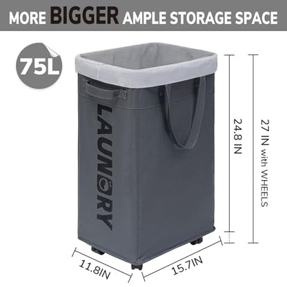 Goodpick 75L Laundry Basket with Wheels & Removable Wash Bag for Dorm | Rolling Laundry Basket with Handles for Dirty Clothes, Fodable Hamper for Laundry Room, Dorm Room Essentials, Grey