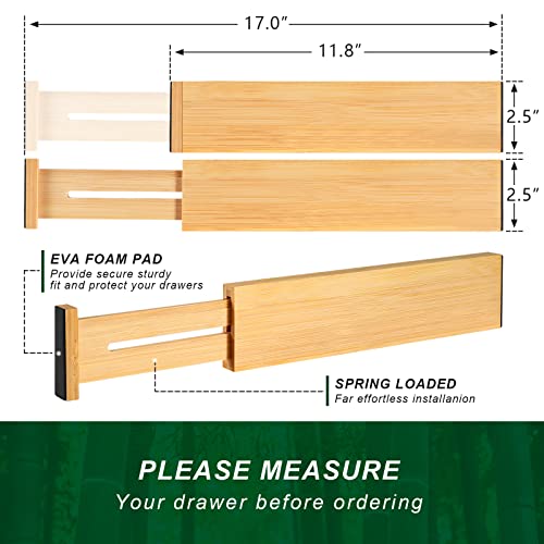 4 Pack Bamboo Drawer Dividers 2.6" High, Adjustable Length from 12 Inch to 17 Inch, Expandable Kitchen Drawer Organizer Separators for Clothes, Kitchen, Bedroom, Dresser, Office (Beige)
