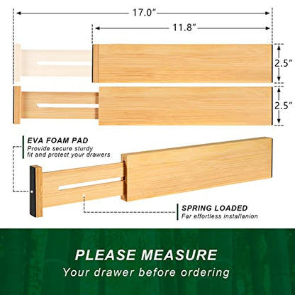 4 Pack Bamboo Drawer Dividers 2.6" High, Adjustable Length from 12 Inch to 17 Inch, Expandable Kitchen Drawer Organizer Separators for Clothes, Kitchen, Bedroom, Dresser, Office (Beige)