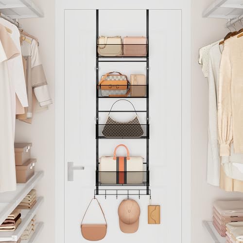 Over the Door Purse Organizer - Wall Mounted Purse Rack with 4 Adjustable Metal Basket and 6 Hooks, Hanging Bag Rack for Handbag Organizer, Bag Storage Can Use As 1/2 Part, for Door