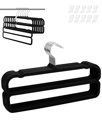 10 Pack Velvet Pants Hangers Space Saving, Non Slip 2-Layer Hanger (Black) | Heavy Duty Flocked Trouser Hangers,pants organizer for closet with Swivel Hook, Felt Jean Hangers for Women and Men