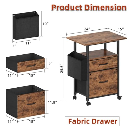 GYIIYUO 2 Drawer File Cabinet 24''W, Mobile Filing Cabinet, Printer Stand | 24'' Extended Desktop, Rolling, Side Bag, Fits A4/Letter Size, Home Office, Fabric Drawer, Light Brown