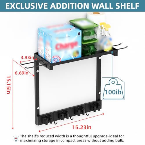 Wall Mount Broom Mop Holder, Cleaning Organizer with Storage Shelf | Wall Mount Broom & Mop Holder with Shelf. Organizes cleaning tools, space-saving, easy install for kitchen, laundry & garage.
