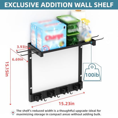 Wall Mount Broom Mop Holder, Cleaning Organizer with Storage Shelf | Wall Mount Broom & Mop Holder with Shelf. Organizes cleaning tools, space-saving, easy install for kitchen, laundry & garage.