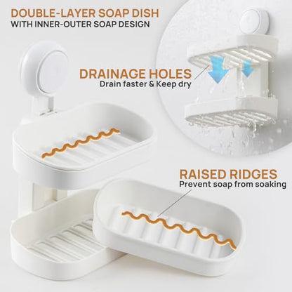 Soap Dish Holder for Shower, Double Layer Suction Cup Wall Mounte Self Draining Removable Waterproof Strong Suction Bar Soap Holder for Shower, White