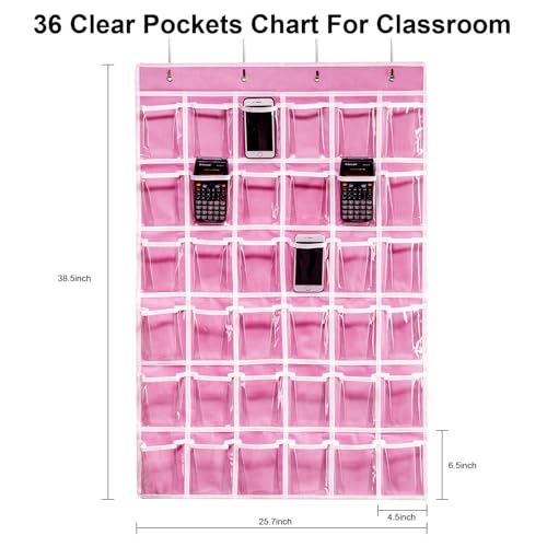 ANSTROUT 36 Clear Pockets Classroom Pocket Chart for Cell Phones, Pocket Chart Organizer for Calculator Holder with 36 Number Sticker Classroom Hanging Cell Phones Organizer (Pink)