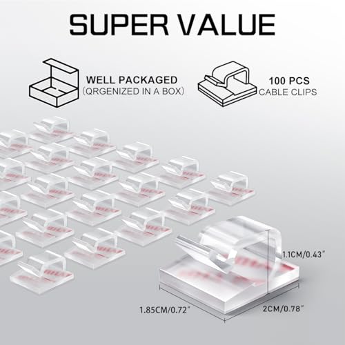 KGROTE 100PCS Cable Clips, Adhesive Wire Clips Strong Cord Clips Wire Holders, Cable Management Clips for Desk, Wall, Car, TV, Ethernet Cable (Clear, Medium)