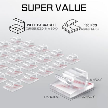 KGROTE 100PCS Cable Clips, Adhesive Wire Clips Strong Cord Clips Wire Holders, Cable Management Clips for Desk, Wall, Car, TV, Ethernet Cable (Clear, Medium)