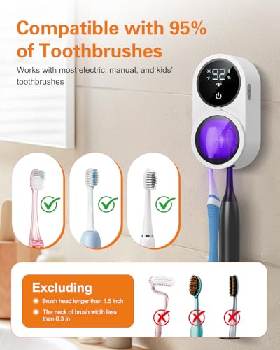 UV Toothbrush Sanitizer Holder, Electric Toothbrush Cleaner with LED Display, Infrared Auto Sensor, Auto-Cycle & Fan Drying, Rechargeable Wall Mounted Tooth Brush Holders for Bathroom Organizer
