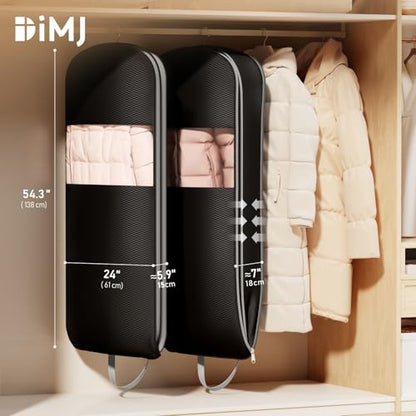 DIMJ 3 Pack 54" Garment Bags for Hanging Clothes - Space Saving Compression Suit Bag Travel with Handles Window, Washable Carry Clothing Storage Cover for Dress, Coats, Down Jacket, Shirts