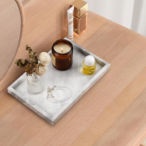 Real Natural Marble Tray for Bathroom, Vanity, Kitchen Counter & Desktop | Rectangle Genuine Stone Marble for Home Decor - Ideal for Jewelry, Cosmetics, Candles, Lotion & Perfume Display
