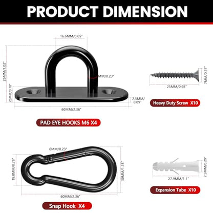 304 Stainless Steel Pad Eye Snap Hook, M6 Ceiling Hook 800Lb,8Pcs | Hanging Kit with Screws for Hammock Chair Swing, Yoga Gym Equipment, Sun Shade Sail, Plant Hangers & Marine Boat Hardware