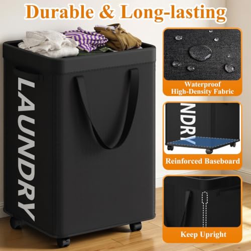 Optish Laundry Basket with Wheels, 90L Rolling Laundry Hamper with Wheels, Large Clothes Hamper on Wheel with Removable Mesh Bag for Bedroom, Dorm Room Essentials, Black