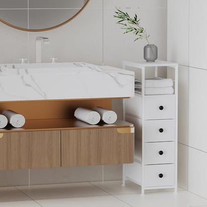 YBING Narrow Dresser for Bedroom, Slim Side Table with Drawer, Dresser Storage Cabinet with 4 Fabric Drawers, Chest of Drawers for Small Space, White
