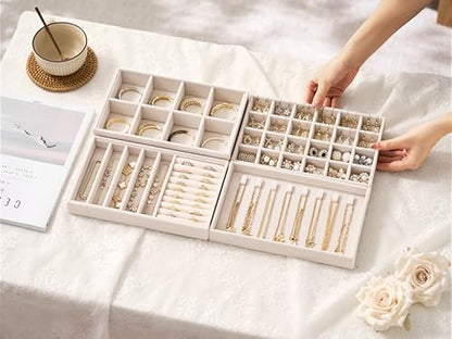 Velvet Jewelry Drawer Organizer Trays – 4-Layer Stackable Jewelry Storage Inserts Set, Beige Jewelry Tray Set for Earrings, Rings, Necklaces, Bracelets with Removable Dividers for Dresser & Vanity