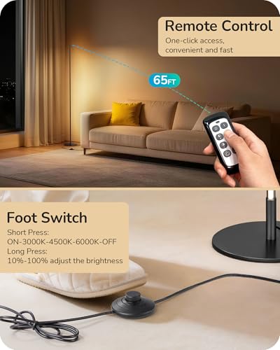 EDISHINE 59.8" Floor Lamp with Remote & 3 Height Settings, Dimmable & 3CCT | Foot Switch, Stable KD Structure, Modern Floor Lamps for Living Room, Bedroom, Office, Black