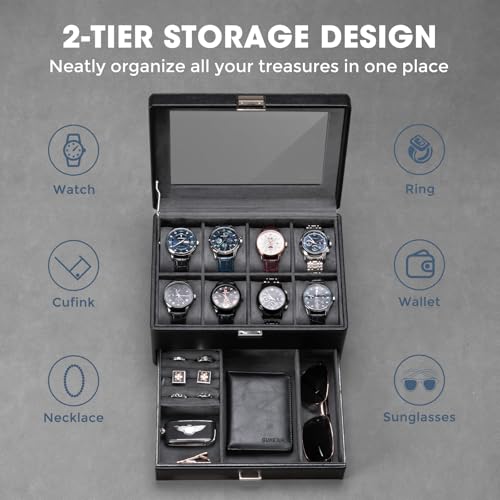 ProCase Premium Watch Box for Men, Jewelry Organizer Box with Drawer, Display Storage Case with Glass Lid -Black, 8 Slot