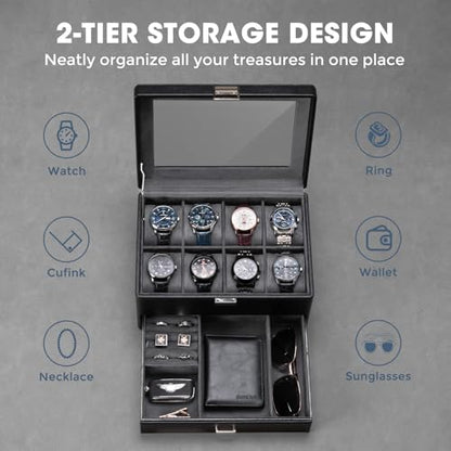 ProCase Premium Watch Box for Men, Jewelry Organizer Box with Drawer, Display Storage Case with Glass Lid -Black, 8 Slot