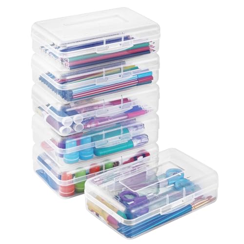 Sooez Plastic Pencil Case Box 6 Pack, Large Crayon Maker Pen Organizer | Plastic Containers with Snap Lids, Stackable Craft Storage Boxes Bulk, School Supplies Art Box for Bead, Clear