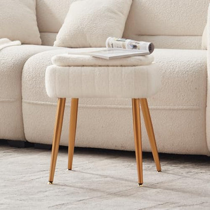 Updated Vanity Chair, Storage Ottoman with Folding Back & Gold-Toned Metal Legs, Ottoman Seat with Teddy Velvet for Dressing Room Living Room Bedroom, 16" x 12.5" Inch