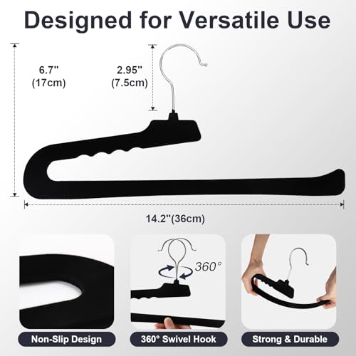 Velvet Pants Hangers, Black, 16 Pack | Non Slip, Open Ended, 360 Swivel Hook, Closet Space Saving Hanger for Heavy Pants, Jeans, Trousers, Scarf