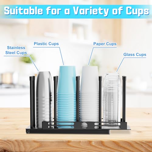 Coffee Cup and Lid Holder, 4 Compartment Metal Cup Dispenser, Black | Adjustable height, Easy to access, Space-Saving Storage, Countertop Organizer for Coffee Bar Station Home Office Breakroom