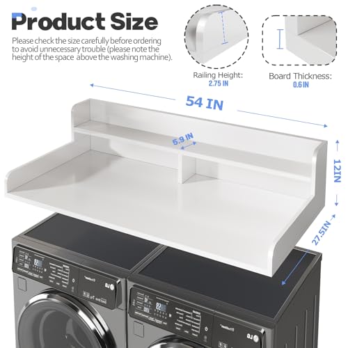 2-Tier Washer and Dryer Countertop with 2.75" H Guard,54" W x 27.5" D Laundry Countertop Cover with Non-Slip Pad,Large Space Laundry Topper for Folding Clothes Over Washer and Dryer-White