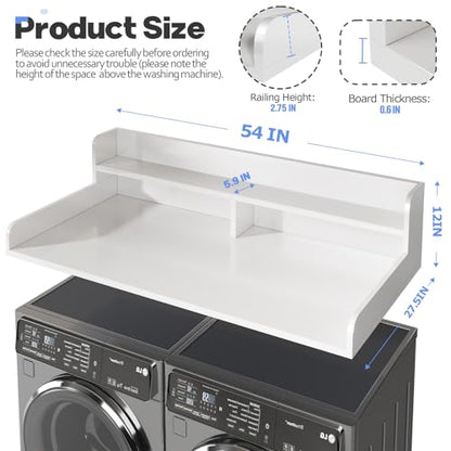 2-Tier Washer and Dryer Countertop with 2.75" H Guard,54" W x 27.5" D Laundry Countertop Cover with Non-Slip Pad,Large Space Laundry Topper for Folding Clothes Over Washer and Dryer-White