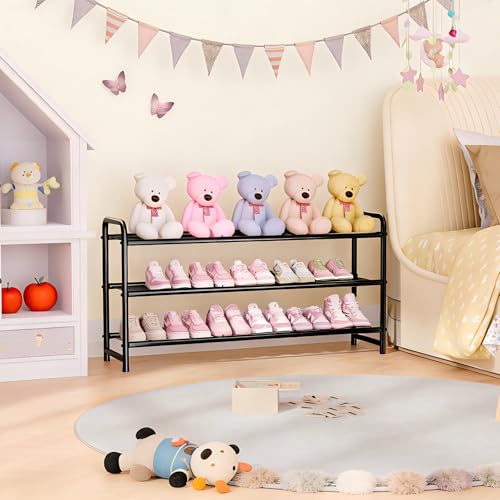 Ekisemio 3-Tier Long Metal Shoe Rack, Wide Stackable Shoe Organizer for Closet & Entryway, with Sturdy Wire Grid Storage Shelf for Bedroom, Black